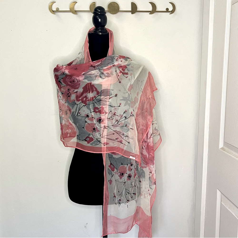 100% silk pink, white and black cherry blossom scarf
